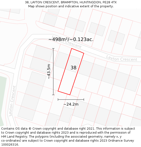 38, LAYTON CRESCENT, BRAMPTON, HUNTINGDON, PE28 4TX: Plot and title map