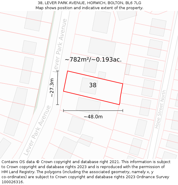 38, LEVER PARK AVENUE, HORWICH, BOLTON, BL6 7LG: Plot and title map