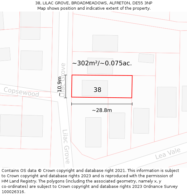 38, LILAC GROVE, BROADMEADOWS, ALFRETON, DE55 3NP: Plot and title map