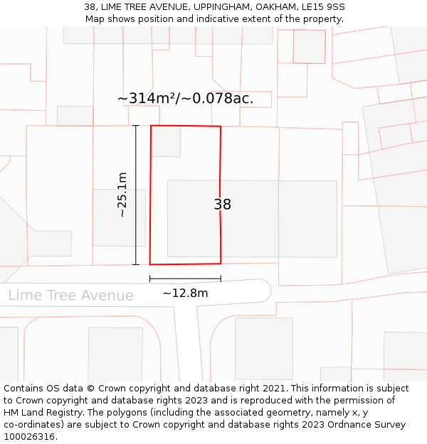 38, LIME TREE AVENUE, UPPINGHAM, OAKHAM, LE15 9SS: Plot and title map