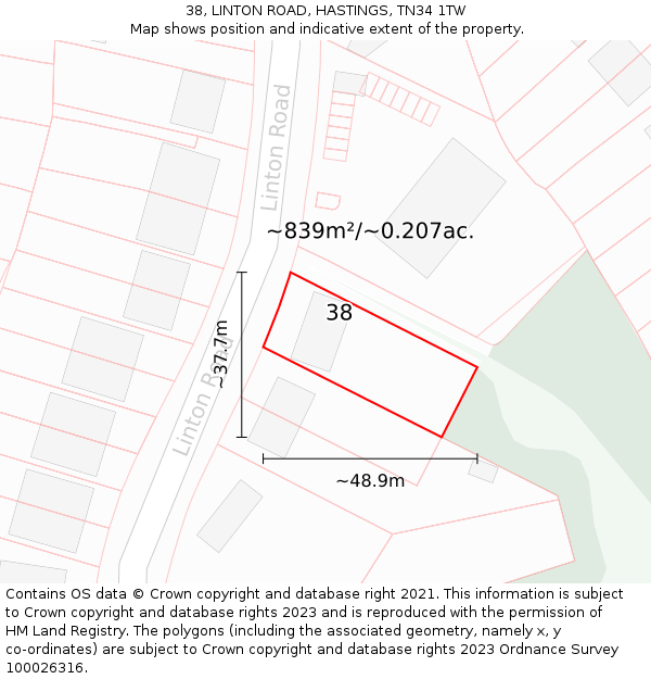 38, LINTON ROAD, HASTINGS, TN34 1TW: Plot and title map