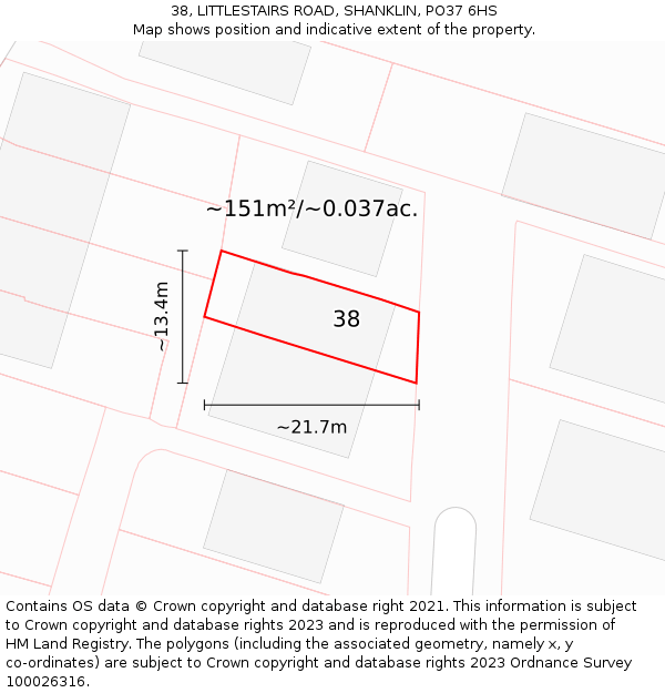 38, LITTLESTAIRS ROAD, SHANKLIN, PO37 6HS: Plot and title map