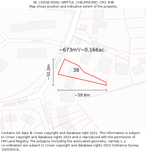 38, LODGE ROAD, WRITTLE, CHELMSFORD, CM1 3HB: Plot and title map