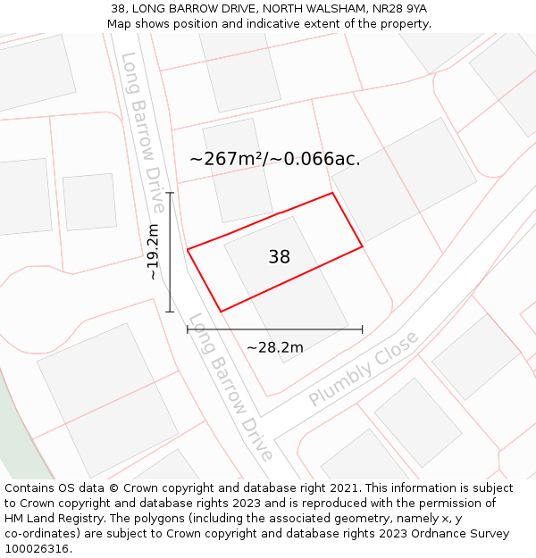 38, LONG BARROW DRIVE, NORTH WALSHAM, NR28 9YA: Plot and title map