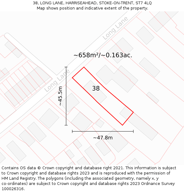 38, LONG LANE, HARRISEAHEAD, STOKE-ON-TRENT, ST7 4LQ: Plot and title map