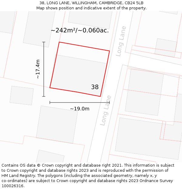 38, LONG LANE, WILLINGHAM, CAMBRIDGE, CB24 5LB: Plot and title map