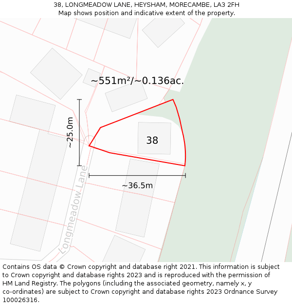 38, LONGMEADOW LANE, HEYSHAM, MORECAMBE, LA3 2FH: Plot and title map