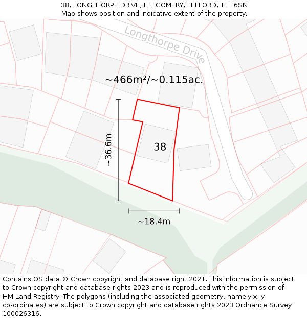 38, LONGTHORPE DRIVE, LEEGOMERY, TELFORD, TF1 6SN: Plot and title map