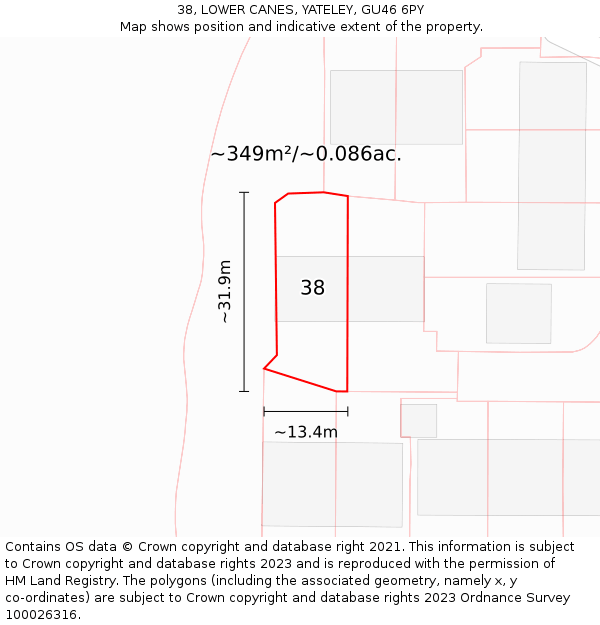 38, LOWER CANES, YATELEY, GU46 6PY: Plot and title map