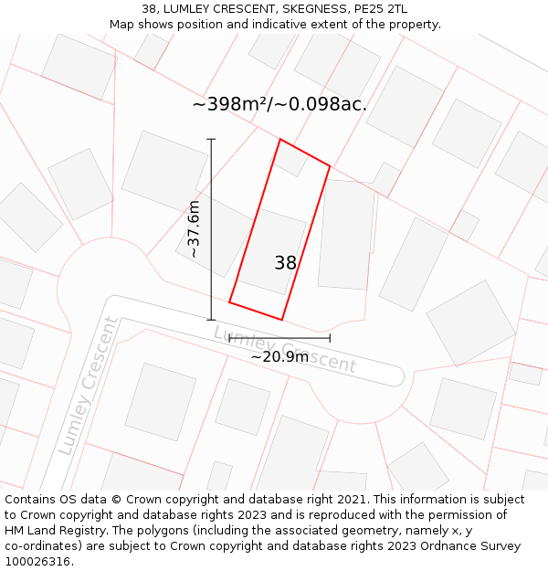 38, LUMLEY CRESCENT, SKEGNESS, PE25 2TL: Plot and title map