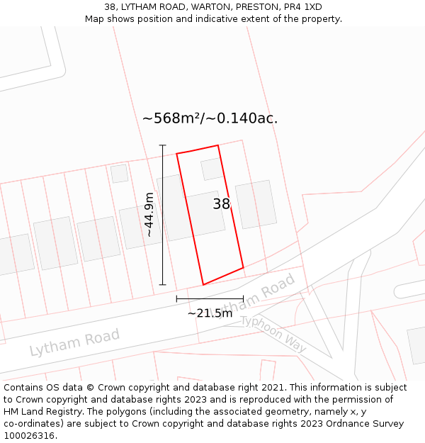 38, LYTHAM ROAD, WARTON, PRESTON, PR4 1XD: Plot and title map
