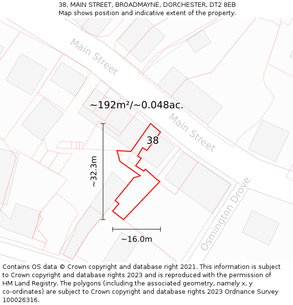 38, MAIN STREET, BROADMAYNE, DORCHESTER, DT2 8EB: Plot and title map