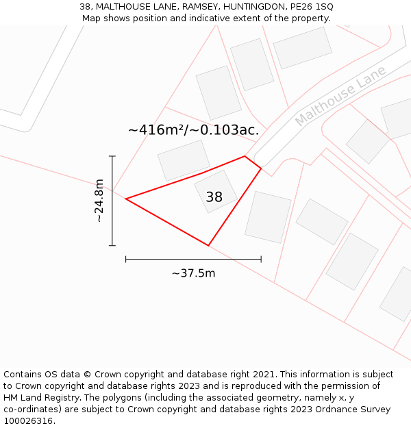 38, MALTHOUSE LANE, RAMSEY, HUNTINGDON, PE26 1SQ: Plot and title map