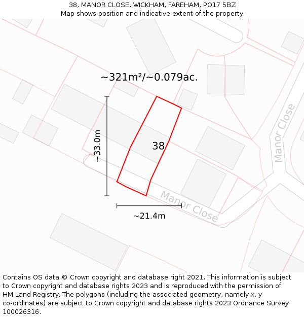 38, MANOR CLOSE, WICKHAM, FAREHAM, PO17 5BZ: Plot and title map