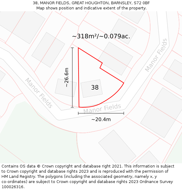 38, MANOR FIELDS, GREAT HOUGHTON, BARNSLEY, S72 0BF: Plot and title map