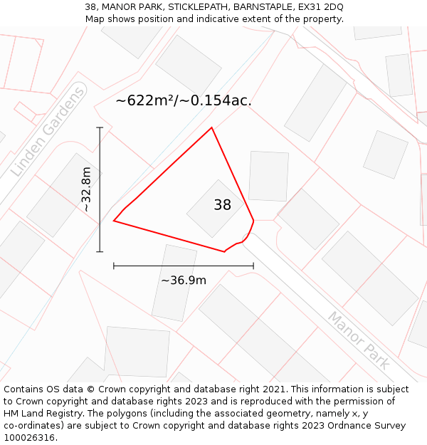38, MANOR PARK, STICKLEPATH, BARNSTAPLE, EX31 2DQ: Plot and title map