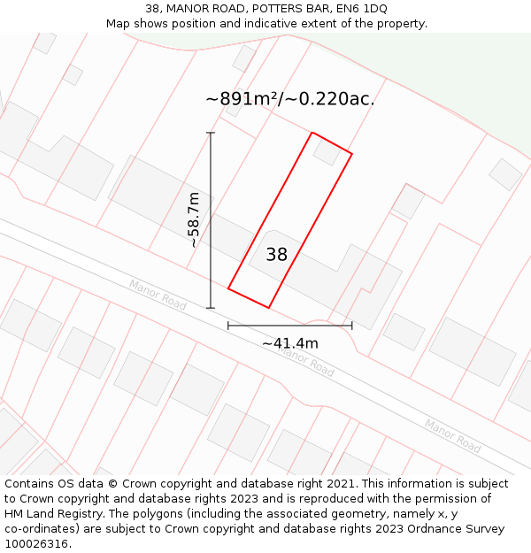 38, MANOR ROAD, POTTERS BAR, EN6 1DQ: Plot and title map