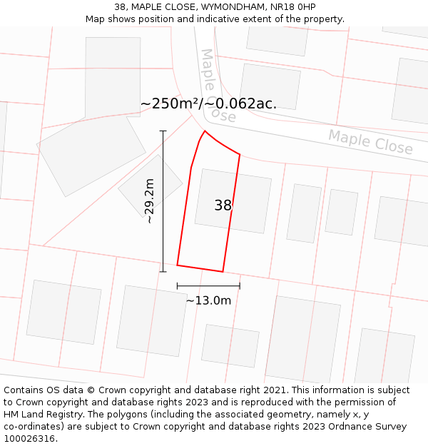 38, MAPLE CLOSE, WYMONDHAM, NR18 0HP: Plot and title map