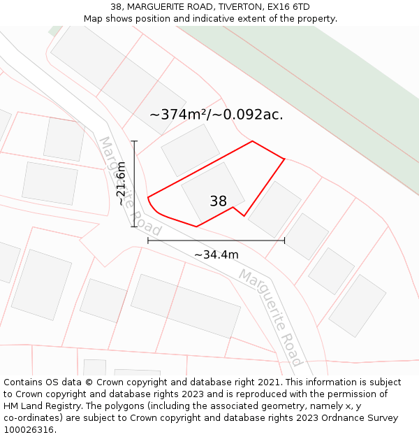 38, MARGUERITE ROAD, TIVERTON, EX16 6TD: Plot and title map