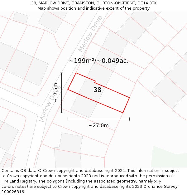 38, MARLOW DRIVE, BRANSTON, BURTON-ON-TRENT, DE14 3TX: Plot and title map
