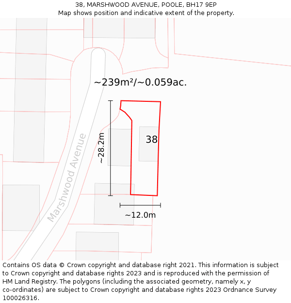 38, MARSHWOOD AVENUE, POOLE, BH17 9EP: Plot and title map