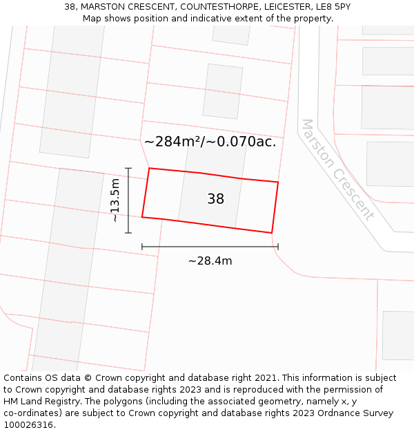 38, MARSTON CRESCENT, COUNTESTHORPE, LEICESTER, LE8 5PY: Plot and title map