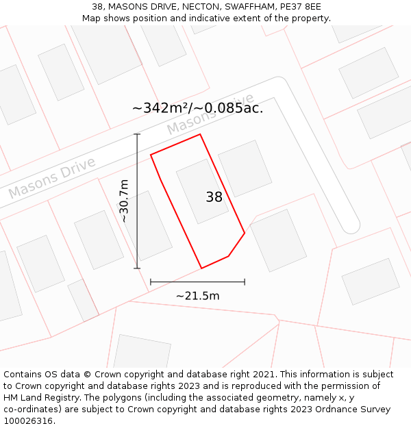 38, MASONS DRIVE, NECTON, SWAFFHAM, PE37 8EE: Plot and title map