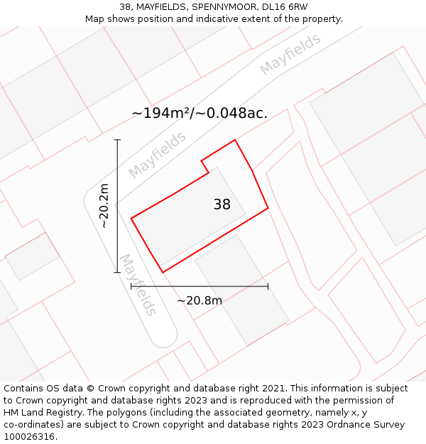 38, MAYFIELDS, SPENNYMOOR, DL16 6RW: Plot and title map
