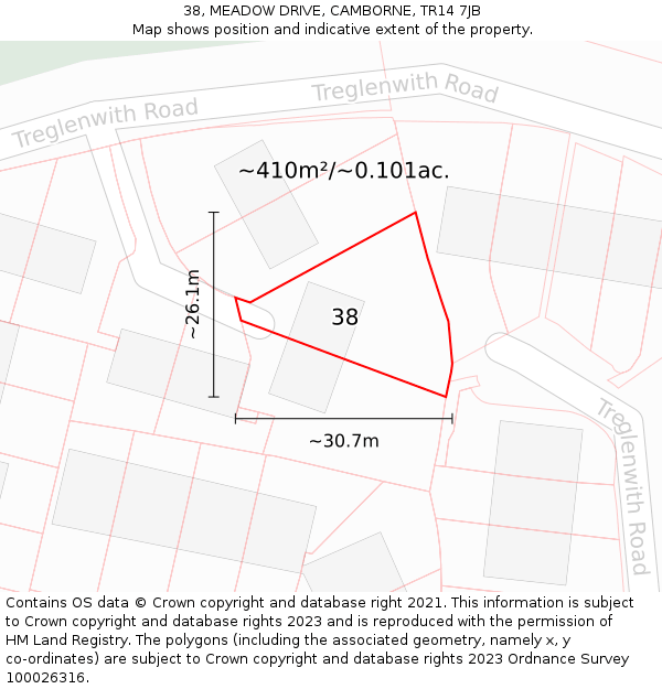 38, MEADOW DRIVE, CAMBORNE, TR14 7JB: Plot and title map