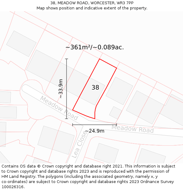 38, MEADOW ROAD, WORCESTER, WR3 7PP: Plot and title map