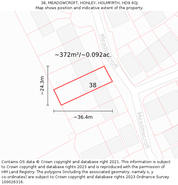 38, MEADOWCROFT, HONLEY, HOLMFIRTH, HD9 6GJ: Plot and title map