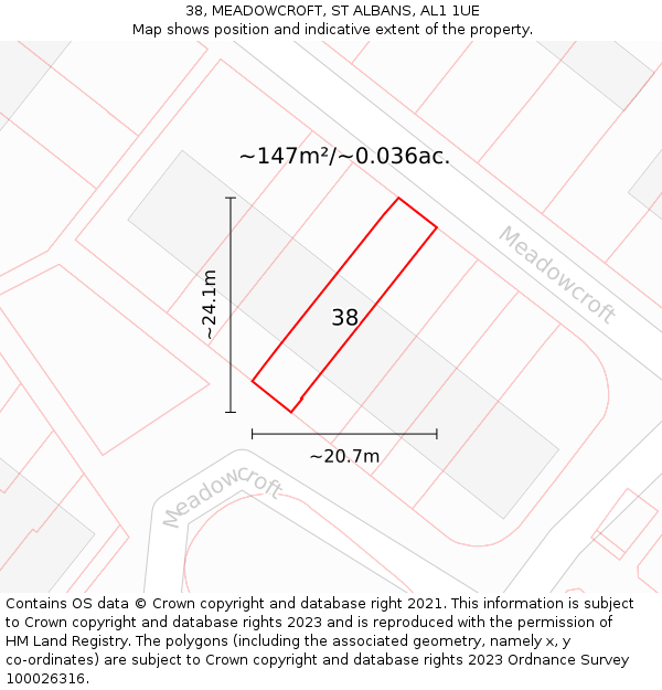 38, MEADOWCROFT, ST ALBANS, AL1 1UE: Plot and title map