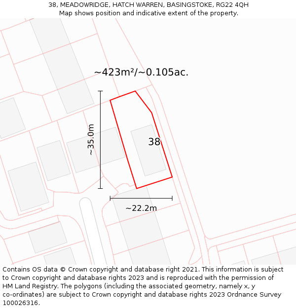 38, MEADOWRIDGE, HATCH WARREN, BASINGSTOKE, RG22 4QH: Plot and title map