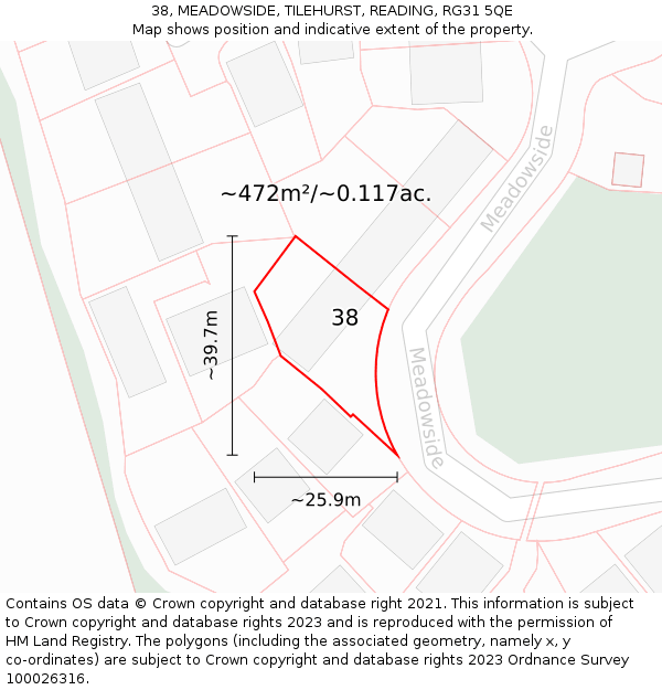 38, MEADOWSIDE, TILEHURST, READING, RG31 5QE: Plot and title map