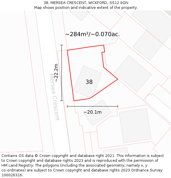 38, MERSEA CRESCENT, WICKFORD, SS12 9GN: Plot and title map