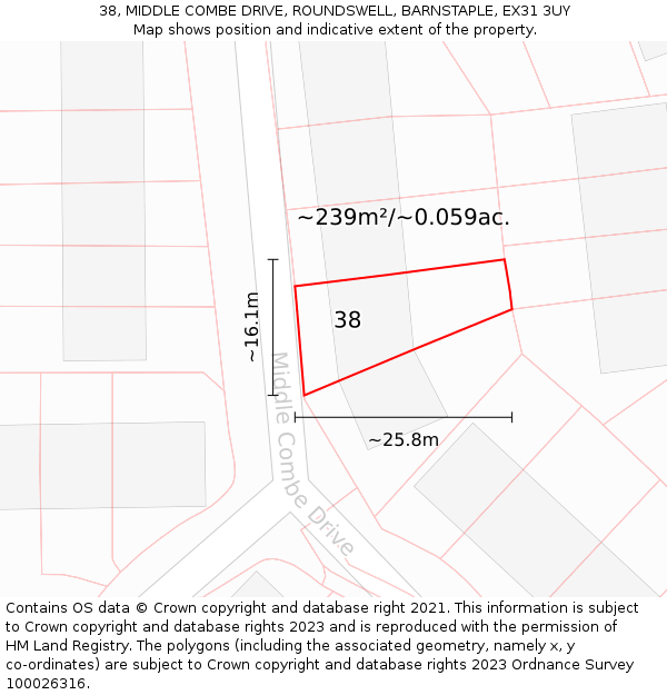 38, MIDDLE COMBE DRIVE, ROUNDSWELL, BARNSTAPLE, EX31 3UY: Plot and title map