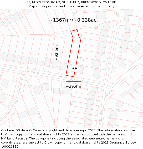 38, MIDDLETON ROAD, SHENFIELD, BRENTWOOD, CM15 8DJ: Plot and title map