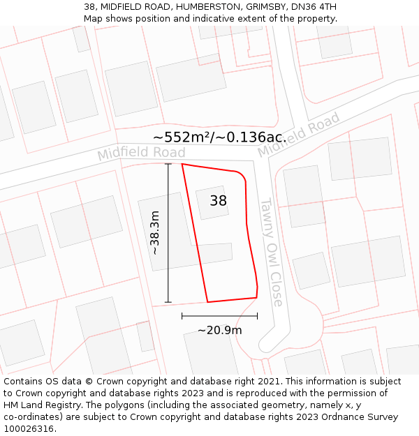 38, MIDFIELD ROAD, HUMBERSTON, GRIMSBY, DN36 4TH: Plot and title map