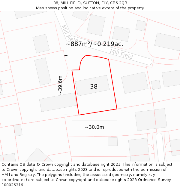 38, MILL FIELD, SUTTON, ELY, CB6 2QB: Plot and title map