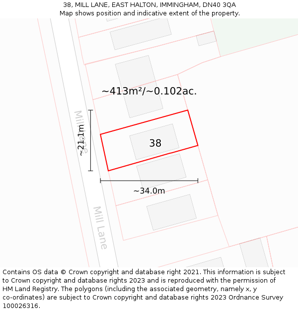 38, MILL LANE, EAST HALTON, IMMINGHAM, DN40 3QA: Plot and title map