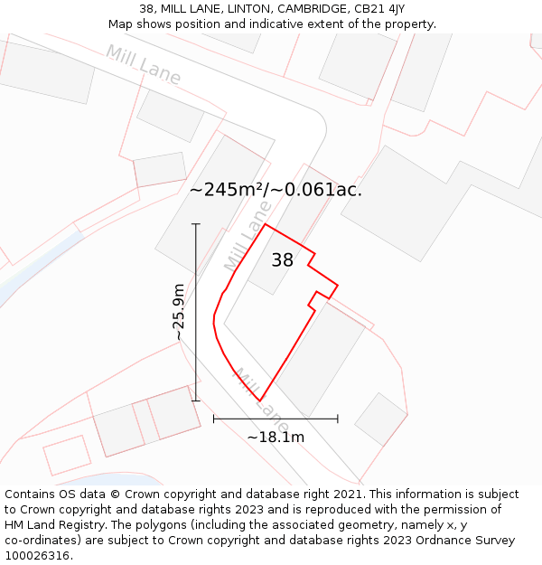 38, MILL LANE, LINTON, CAMBRIDGE, CB21 4JY: Plot and title map