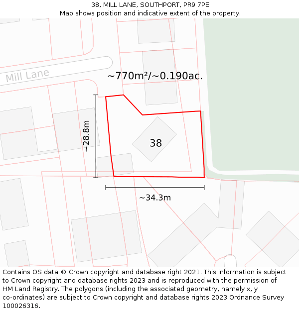 38, MILL LANE, SOUTHPORT, PR9 7PE: Plot and title map