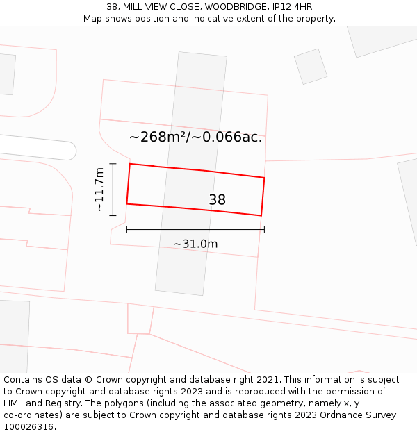 38, MILL VIEW CLOSE, WOODBRIDGE, IP12 4HR: Plot and title map
