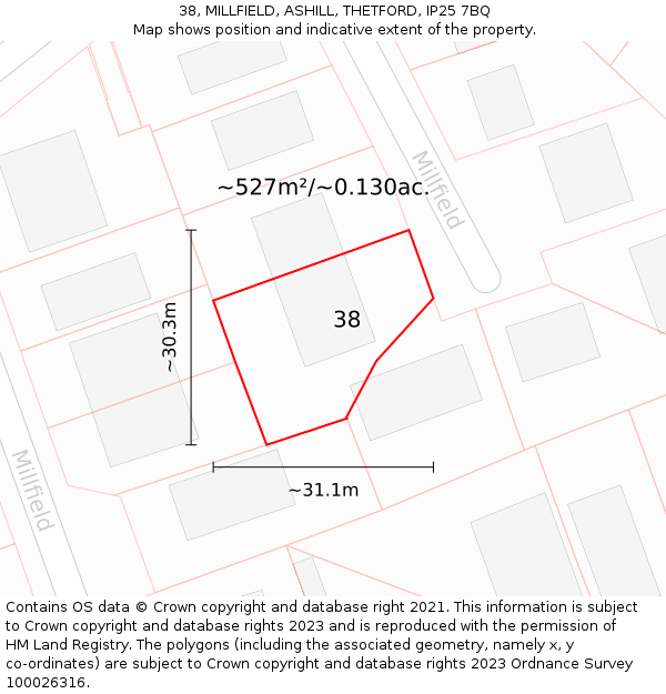 38, MILLFIELD, ASHILL, THETFORD, IP25 7BQ: Plot and title map