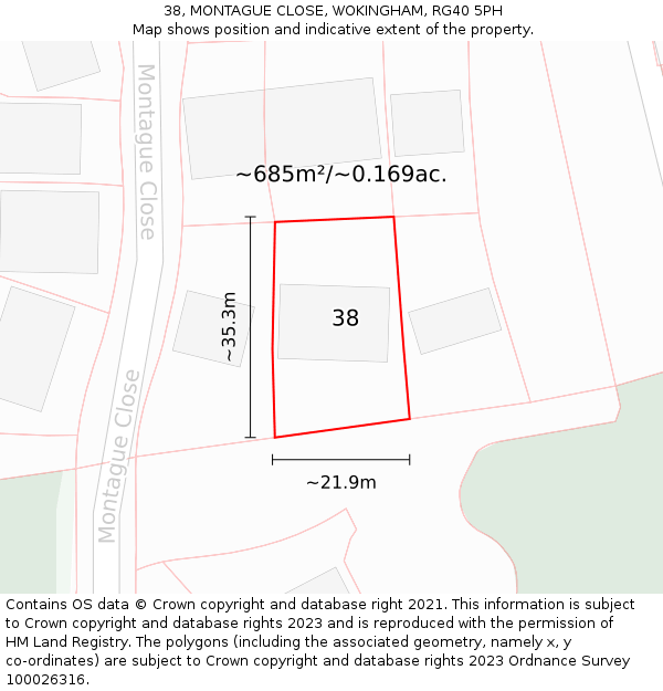 38, MONTAGUE CLOSE, WOKINGHAM, RG40 5PH: Plot and title map