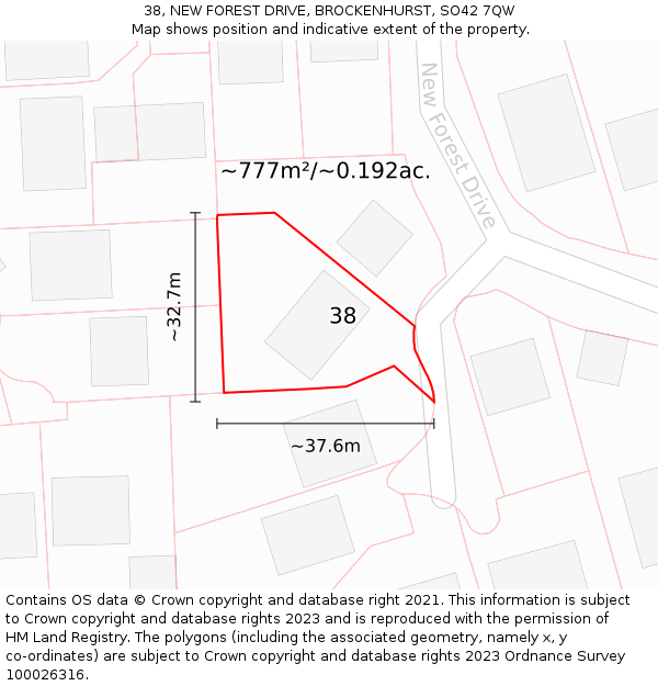 38, NEW FOREST DRIVE, BROCKENHURST, SO42 7QW: Plot and title map