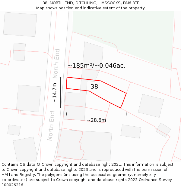 38, NORTH END, DITCHLING, HASSOCKS, BN6 8TF: Plot and title map