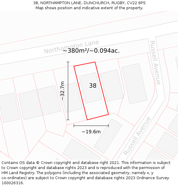 38, NORTHAMPTON LANE, DUNCHURCH, RUGBY, CV22 6PS: Plot and title map