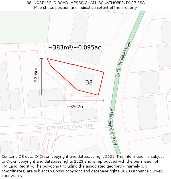 38, NORTHFIELD ROAD, MESSINGHAM, SCUNTHORPE, DN17 3SA: Plot and title map