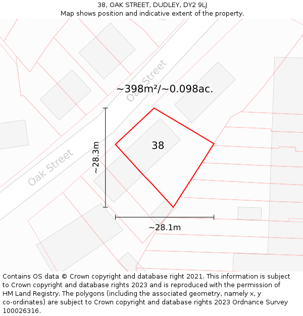 38, OAK STREET, DUDLEY, DY2 9LJ: Plot and title map